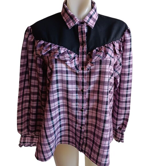 XL Vintage Women's Cowgirl Shirt Top H Bar C Lilac Frilly Snap Western 80's Boho - Picture 2 of 6